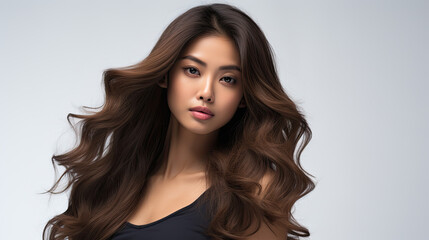 Naklejka premium Elegant young Asian female model beautiful and healthy black brown wavy hair and natural makeup on a clean background