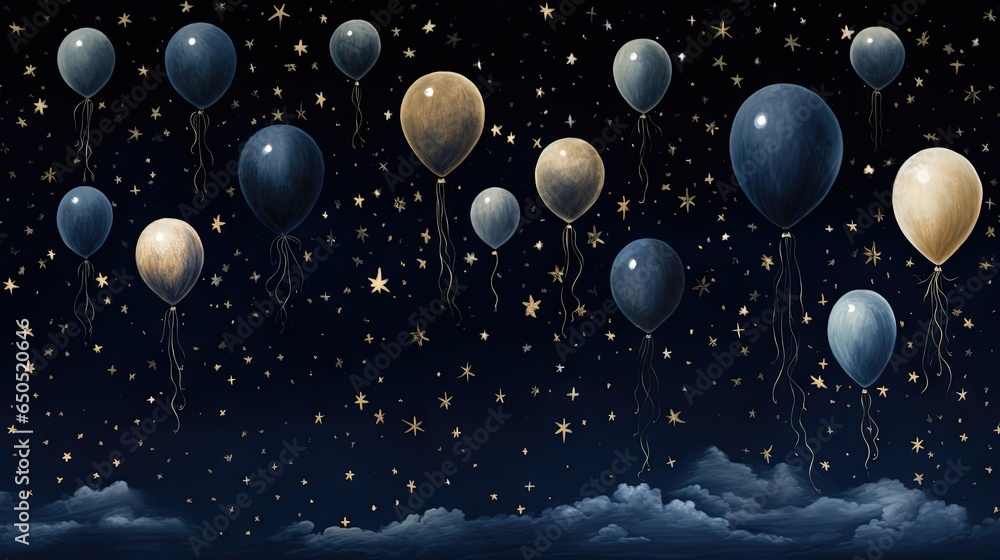 Poster a group of balloons floating in the sky with stars on them. generative ai