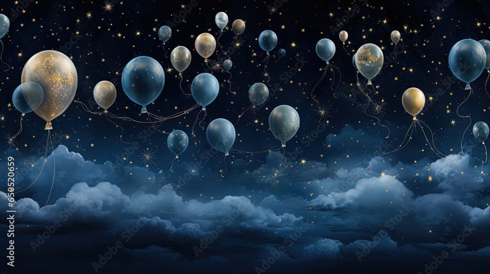 Poster a group of balloons floating in the sky with stars above them. generative ai