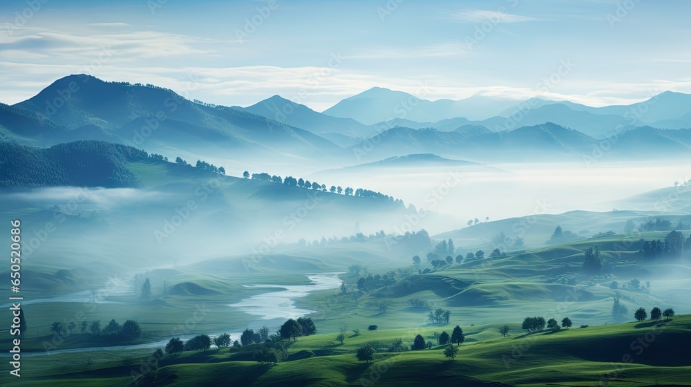 Poster a scenic view of a mountain range with a river running through it. generative ai