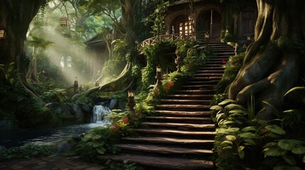 Fototapeta premium a set of stairs leading to a waterfall in a forest. generative ai