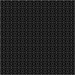Black background with figures from white lines. Black and white pattern for web page, textures, card, poster, fabric, textile. Monochrome pattern. Repeating design.