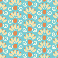 Seamless Floral pattern for fabric, wallpaper, clothing, panels in Ikkat embroidery style. Ethnic drawing design. Aztec style abstract vector illustration.