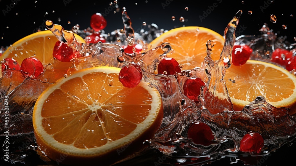 Poster a group of oranges with water splashing on them. generative ai