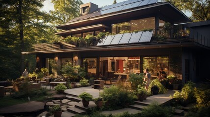 Fototapeta premium traditional house with solar panels to care for the environment meeting with friends in the patio, clean energy