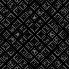 Black background with figures from white lines. Black and white pattern for web page, textures, card, poster, fabric, textile. Monochrome pattern. Repeating design.