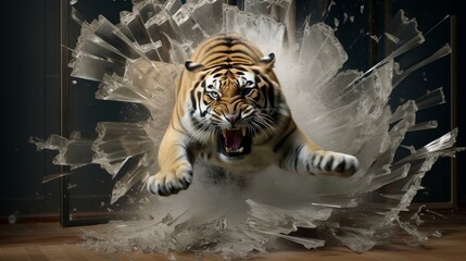 Tiger Jumping at the Screen though glass