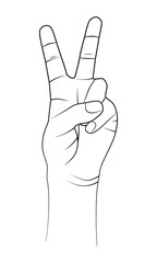 Victory left hand sign outline isolated on white background. Vector Illustration.