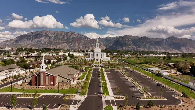 Aerial Orem Utah LDS Temple towards 1. The Church of Jesus Christ of Latter-day Saints, LDS or Mormon religion. Fast growing christian religious groups. Headquartered in Salt Lake City.