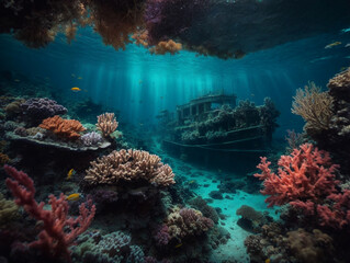 Fototapeta na wymiar Shipwrecks and coral reef on the ocean floor