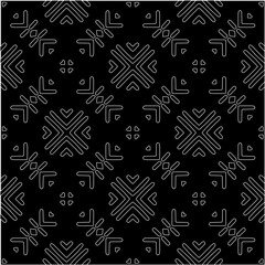  Black background with figures from white lines. Black and white pattern for web page, textures, card, poster, fabric, textile. Monochrome pattern. Repeating design.