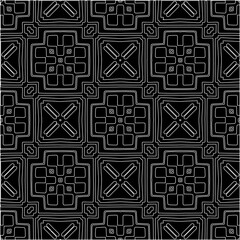  Black background with figures from white lines. Black and white pattern for web page, textures, card, poster, fabric, textile. Monochrome pattern. Repeating design.