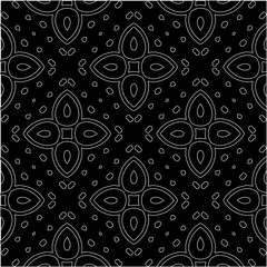  Black background with figures from white lines. Black and white pattern for web page, textures, card, poster, fabric, textile. Monochrome pattern. Repeating design.