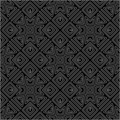  Black background with figures from white lines. Black and white pattern for web page, textures, card, poster, fabric, textile. Monochrome pattern. Repeating design.