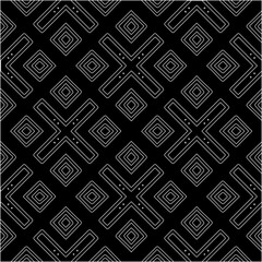  Black background with figures from white lines. Black and white pattern for web page, textures, card, poster, fabric, textile. Monochrome pattern. Repeating design.