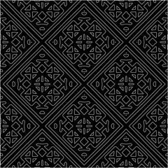  Black background with figures from white lines. Black and white pattern for web page, textures, card, poster, fabric, textile. Monochrome pattern. Repeating design.
