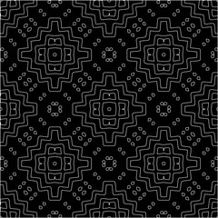  Black background with figures from white lines. Black and white pattern for web page, textures, card, poster, fabric, textile. Monochrome pattern. Repeating design.