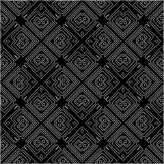  Black background with figures from white lines. Black and white pattern for web page, textures, card, poster, fabric, textile. Monochrome pattern. Repeating design.