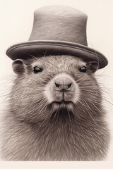 Cute Old School Style Musk rat in a dapper hat, sepia, gangster vibe, peaky blinders