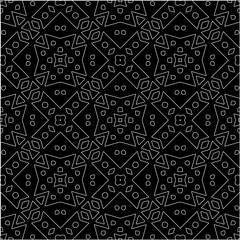  Black background with figures from white lines. Black and white pattern for web page, textures, card, poster, fabric, textile. Monochrome pattern. Repeating design.