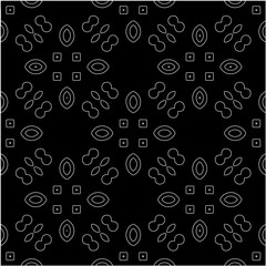  Black background with figures from white lines. Black and white pattern for web page, textures, card, poster, fabric, textile. Monochrome pattern. Repeating design.