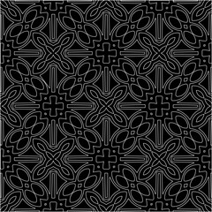  Black background with figures from white lines. Black and white pattern for web page, textures, card, poster, fabric, textile. Monochrome pattern. Repeating design.