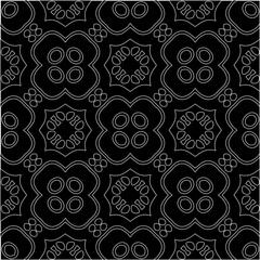  Black background with figures from white lines. Black and white pattern for web page, textures, card, poster, fabric, textile. Monochrome pattern. Repeating design.
