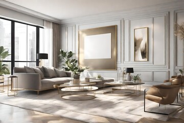  Generate a 3D-rendered illustration of a poster frame mockup hanging on the wall of a lavish apartment's living room. Highlight the fusion of modern design in the open-concept space, showcasing the k