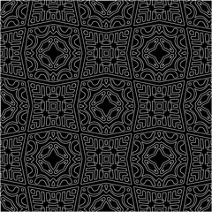  Black background with figures from white lines. Black and white pattern for web page, textures, card, poster, fabric, textile. Monochrome pattern. Repeating design.