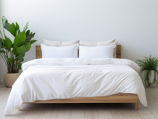 front view of bed made with white blanket in modern room created with Generative AI Technology