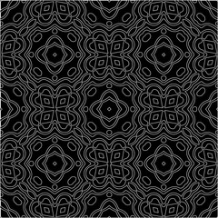  Black background with figures from white lines. Black and white pattern for web page, textures, card, poster, fabric, textile. Monochrome pattern. Repeating design.