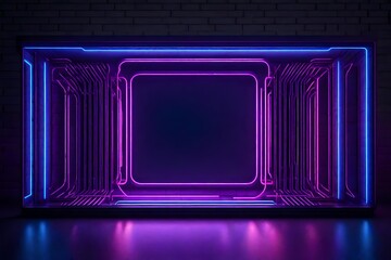 Create a mesmerizing 3D-rendered image that showcases a neon-lit rectangle frame with elegant lines and tubes in purple, pink, and blue hues, set against a gritty, concrete brick room. Use dramatic li - obrazy, fototapety, plakaty