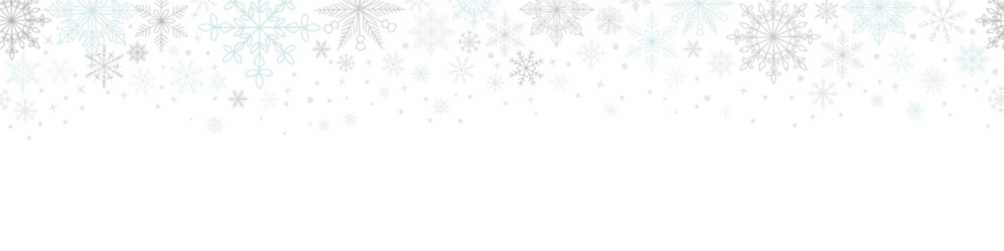 Abstract Christmas seamless border with blue and silver snowflakes and copy space for text. Winter snow. Overlay, banner, cover. vector hand drawn  isolated on transparent background.