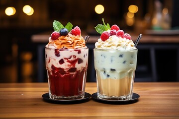 Milkshakes with whipped cream and fresh fruits on a dark background