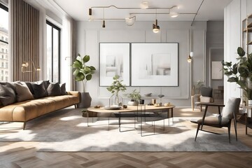 Generate a 3D-rendered illustration of a poster frame mockup hanging on the wall of a lavish apartment's living room. Highlight the fusion of modern design in the open-concept space, showcasing the ki