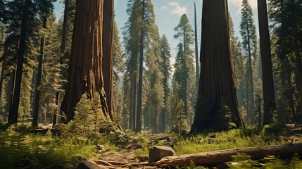 Obraz premium a painting of a forest filled with tall trees and rocks. generative ai