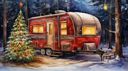 rustic camper van car with christmas tree on the trailer watercolor painting created with Generative AI Technology - obrazy, fototapety, plakaty
