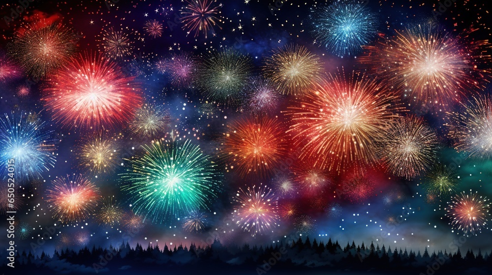 Poster a colorful fireworks display in the night sky with pine trees in the foreground. generative ai