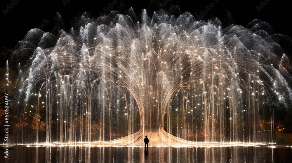 Poster a man standing in front of a large display of fireworks. generative ai