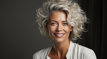 Beautiful smiling portrait woman with white curly brown hair in work suit created