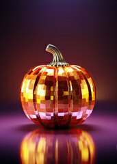 Beautiful shiny pumpkin on dark purple background vertical card