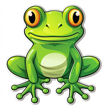 Happy green tree frog sticker on white background created with Generative AI Technology