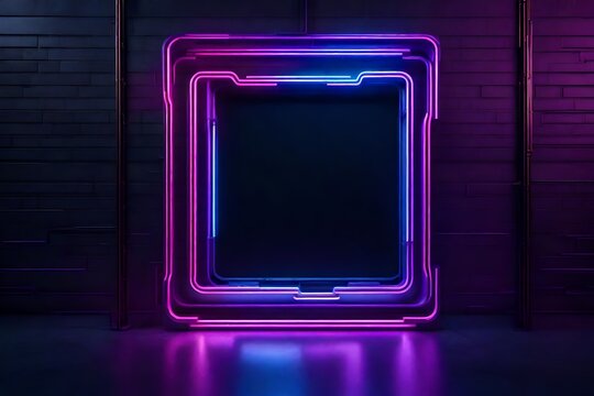 Create a mesmerizing 3D-rendered image that showcases a neon-lit rectangle frame with elegant lines and tubes in purple, pink, and blue hues, set against a gritty, concrete brick room. Use dramatic li