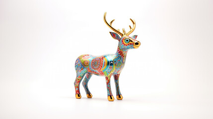 Statuette reindeer painted with bright colors on white background.