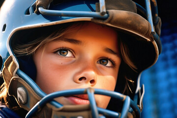 A close up of a child wearing a baseball helmet. Boy in a helmet. Sports protective equipment. Children's sports. - obrazy, fototapety, plakaty