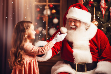 Photo of a young girl standing beside Santa Claus at a Christmas event - obrazy, fototapety, plakaty