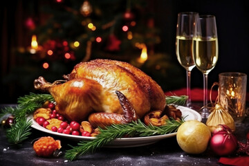 Christmas turkey. Traditional festive food for Christmas or Thanksgiving. - obrazy, fototapety, plakaty