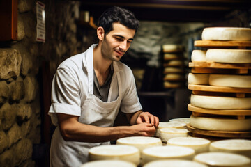 A man farmer checks the readiness of his homemade cheese. The cheese matures in the farmer's basement. Homemade cheese production. Natural product. - obrazy, fototapety, plakaty