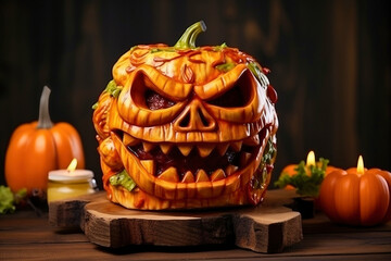 Photo of a spooky carved pumpkin on a rustic wooden table. Halloween hamburger. Festive meal. Jack lantern. - obrazy, fototapety, plakaty