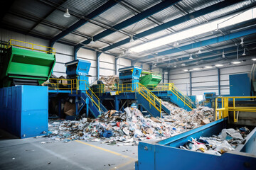 Waste sorting plant. Many different conveyors and bins. conveyors filled with various household waste. Waste disposal and recycling. Waste processing plant. - obrazy, fototapety, plakaty